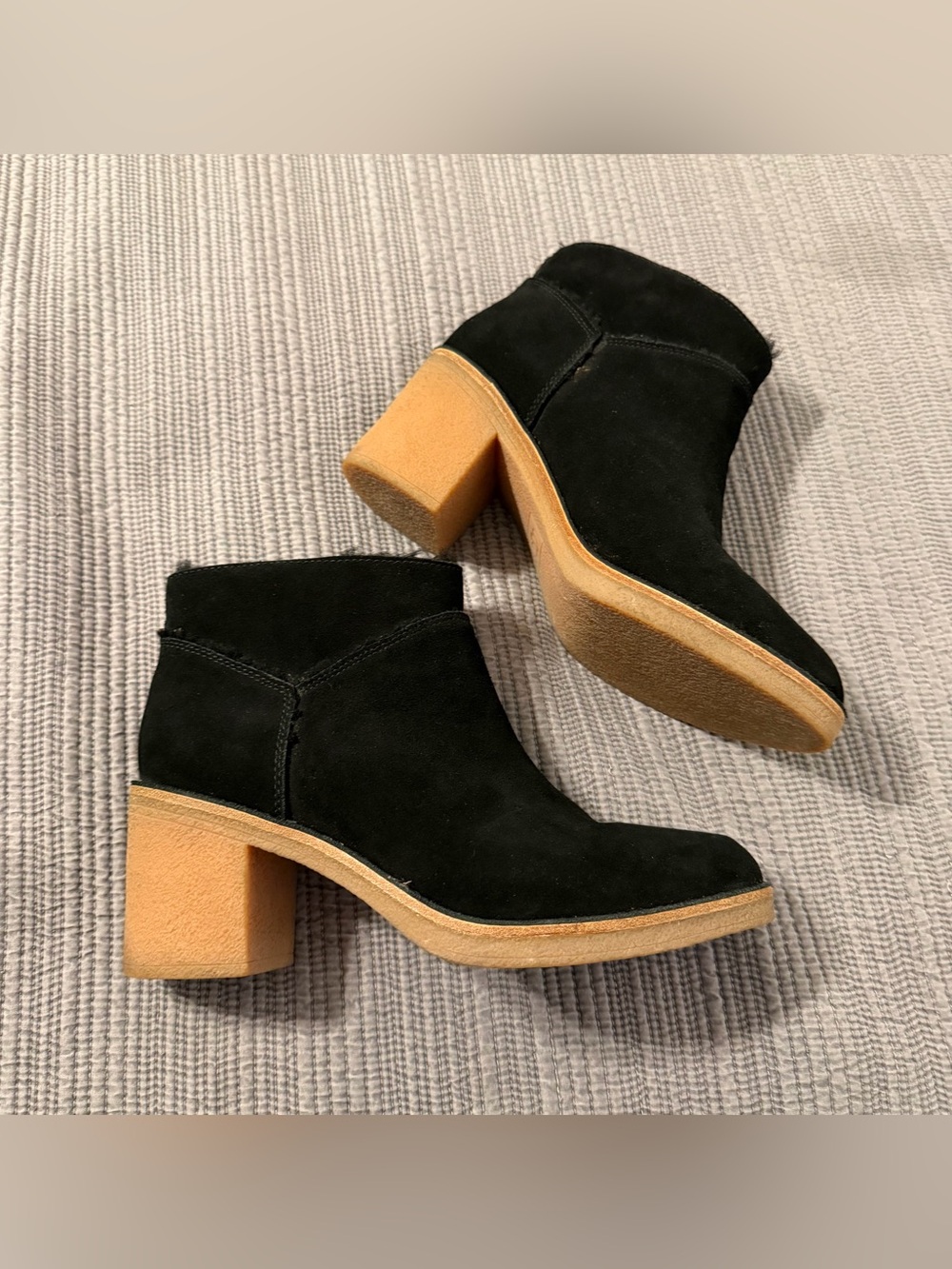 UGG Black Suede Ankle Booties with Tan Block Heel Size 9